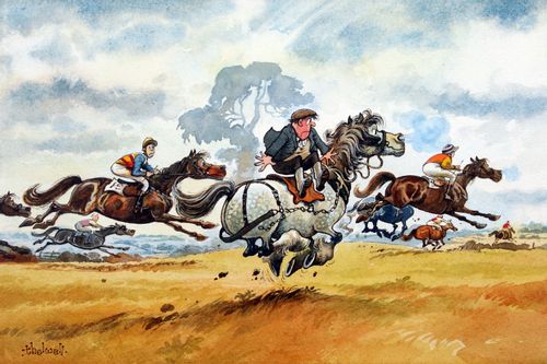 A man rides sidesaddle amongst a number of racehorses.