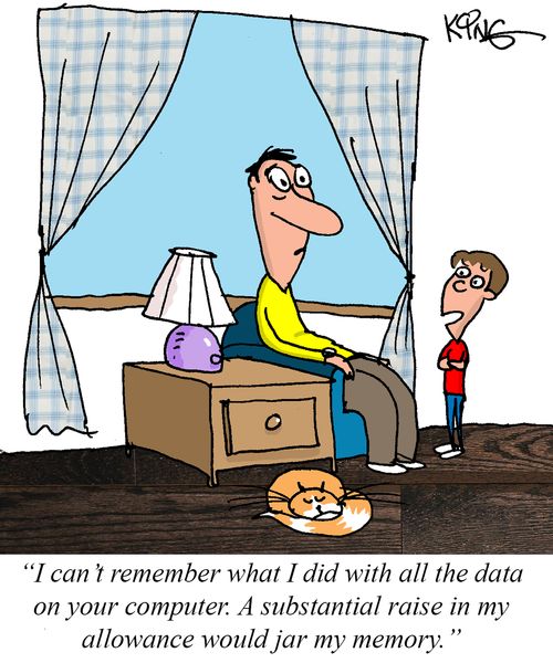 "I can't remember what I did with all the data on your computer. A substantial raise in my allowance would jar my memory."