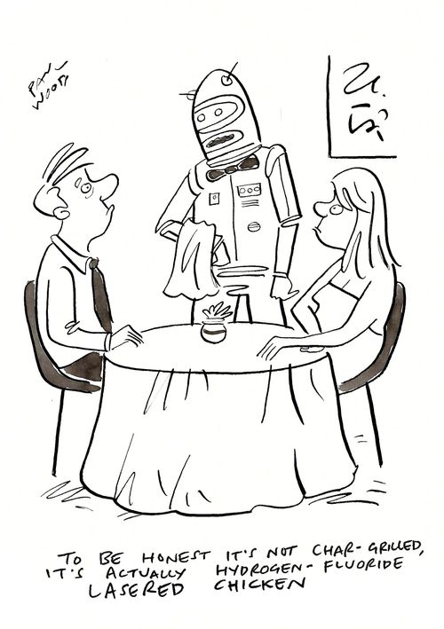 "To be honest it's not char-grilled, it's actually hydrogen-fluoride lasered chicken."