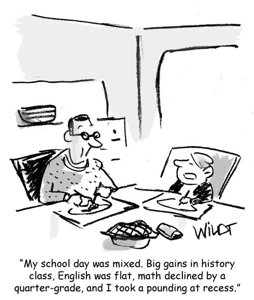 "My school day was mixed. Big gains in history class, English was flat, math declined by a quarter-grade, and I took a pounding at recess."