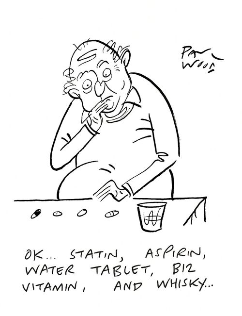 "OK. . .stain, aspirin, water tablet, B12 vitamin, and whisky."