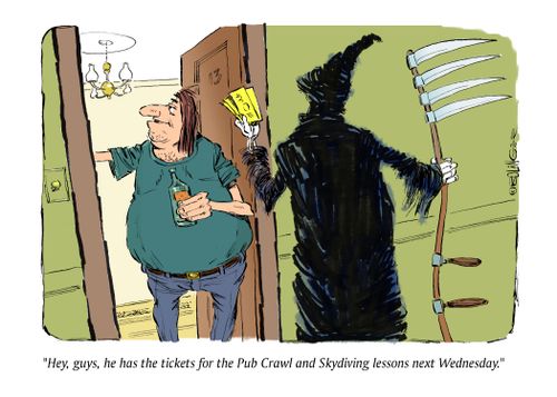 "Hey, guys, he has the tickets for the Pub Crawl and Skydiving lessons next Wednesday."