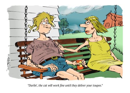 "Darlin', the cat will work fine until they deliver your toupee."