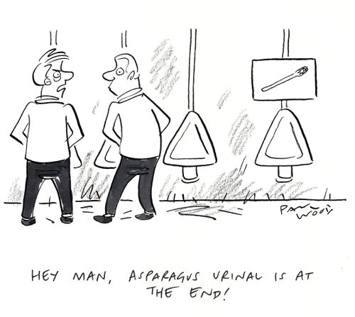 "Hey man, asparagus urinal is at the end!"