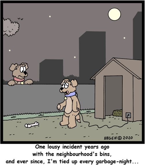 "One lousy incident years ago with the neighbourhood's bins, and ever since, I'm tied up every garbage-night..."