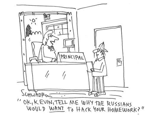 "Ok, Kevin, tell me why the Russians would want to hack your homework?"