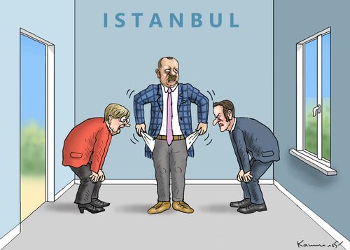 Erdogan shows Merkel and Macron his empty pockets.