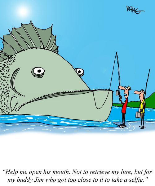 "Help me open his mouth. Not to retrieve my lure, but for my buddy Jim who got too close to it to take a selfie."