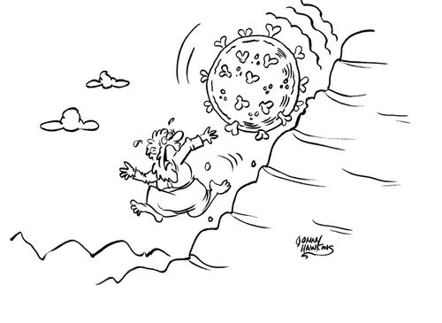 Man running down mountain from runaway coronavirus