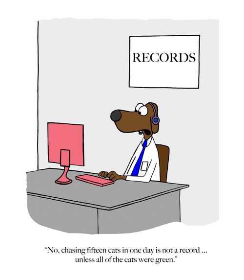 "No, chasing fifteen cats in one day is not a record. . . unless all of the cats were green."