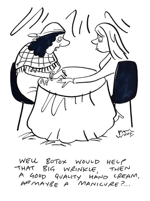 "Well botox would help that big wrinkle, then a good quality hand cream, and maybe a manicure?..."