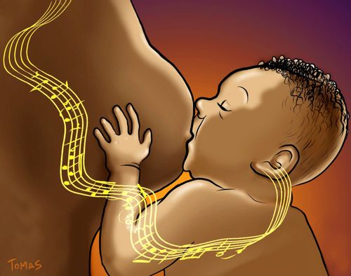 A breastfeeding child learns music