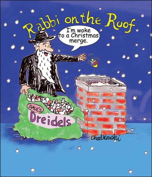 Rabbi on the Roof with Dreidels