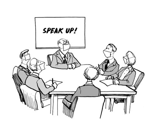 Team member in face masks cannot be heard by older boss in meeting.