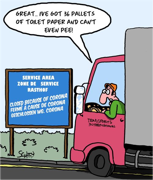 "Great. . . I've got 36 pallets of toilet paper and can't even pee."