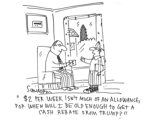 "$2 per week isn't much of an allowance, Pop. When will I be old enough to get a cash rebate from Trump?"