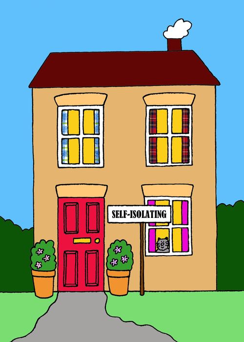 Self-isolating, house with cat looking out.