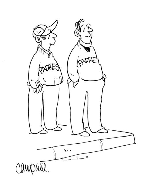 man wearing baseball cap and Padres shirt stands next to priest wearing padre shirt 