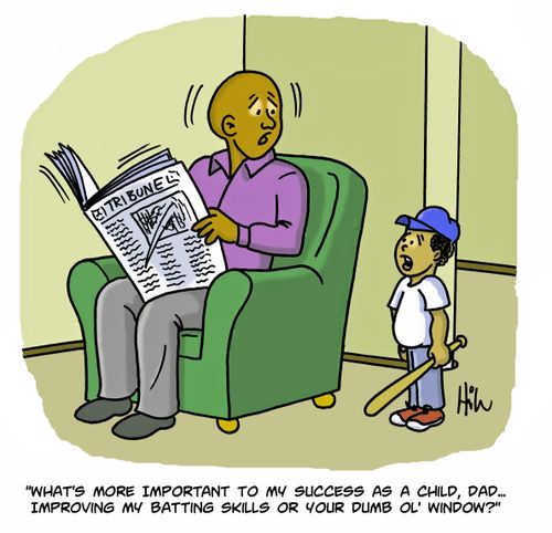 "What's more important to my success as a child, Dad - improving my batting skills or your dumb ol' window?"