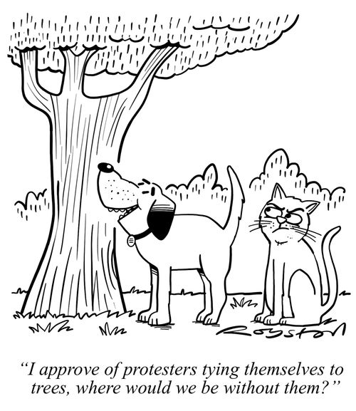 "I approve of protesters tying themselves to trees, where would we be without them?"