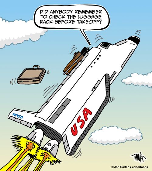 "Did anybody remember to check the luggage rack before takeoff?"