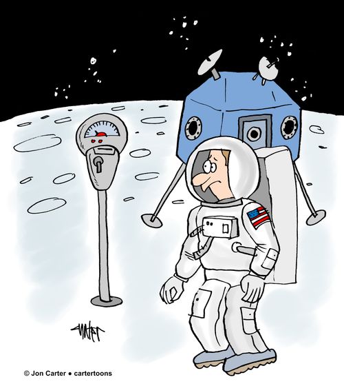 An astronaut lands on the moon to find that his lunar module has landed by a parking meter.