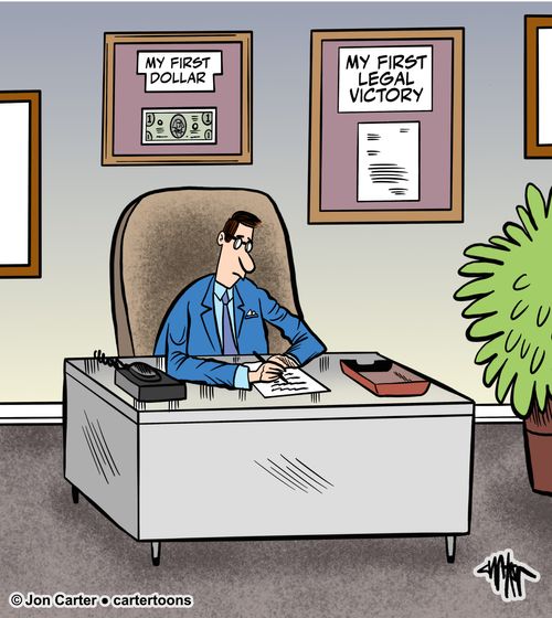 A businessman sits at his desk in front of framed items on his wall: 'My first dollar,' and 'my first legal victory.'