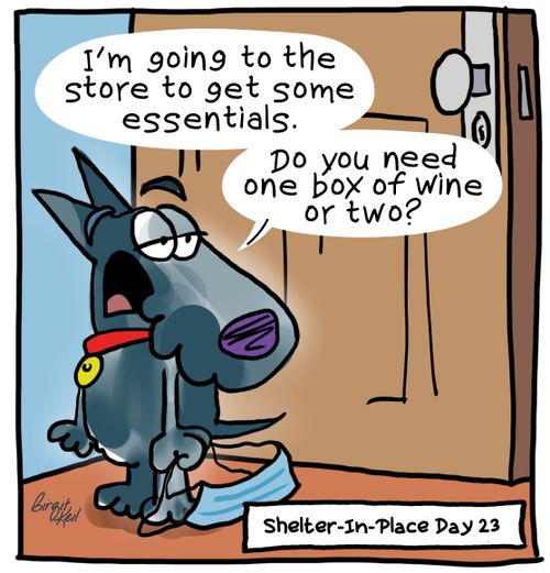 "I'm going to the store to get some essentials. Do you need one box of wine or two?"