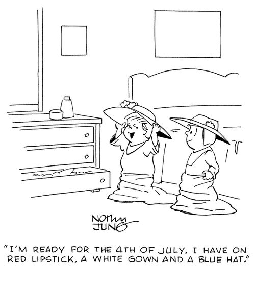 "I'm ready for the 4th of July. I have on red lipstick, a white gown and a blue hat."