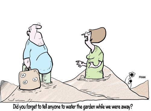 "Did you forget to tell anyone to water the garden while we were away?"