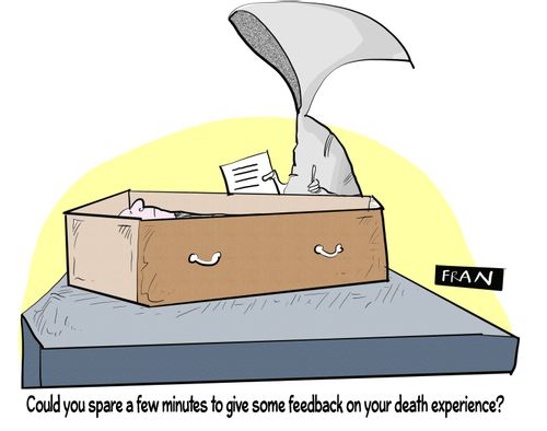 "Could you spare a few minutes to give some feedback on your death experience?"