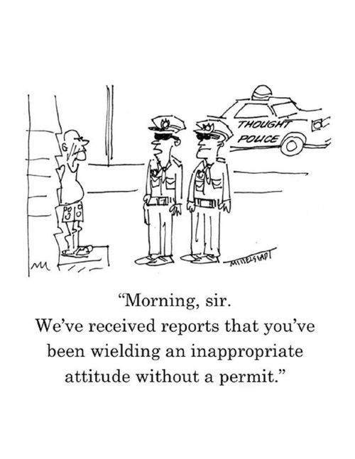 "Morning, sir. We've received reports that you've been wielding an inappropriate attitude without a permit."