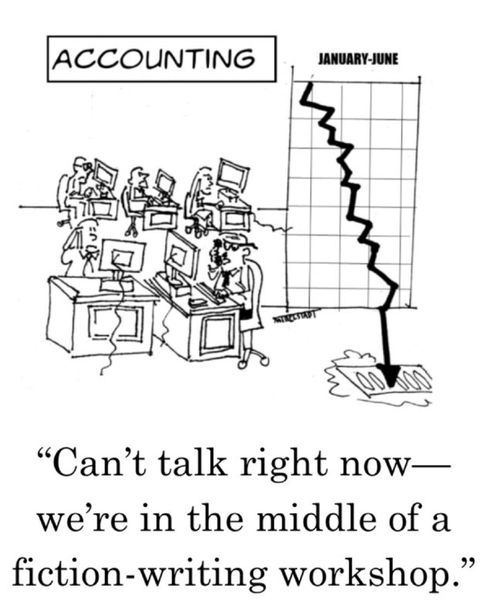 "Can't talk right now - we're in the middle of a fiction-writing workshop."
