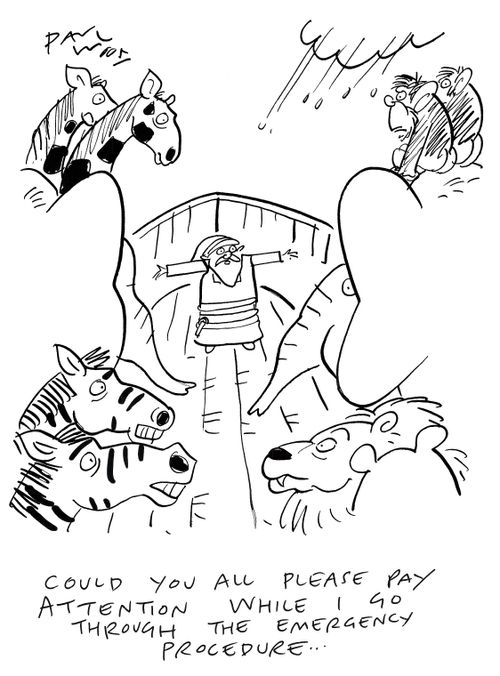 "Could you all please pay attention while I go through the emergency procedure. . ."