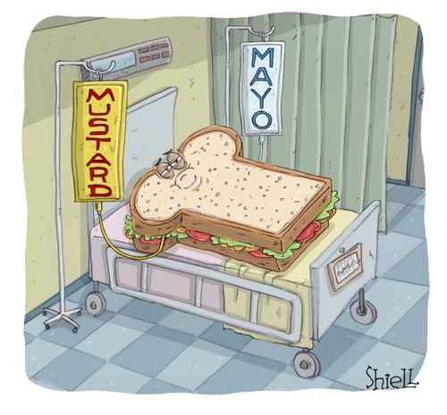 A sick sandwich is in the hospital and is getting a transfusion on new Maya and Zesty Mustard.