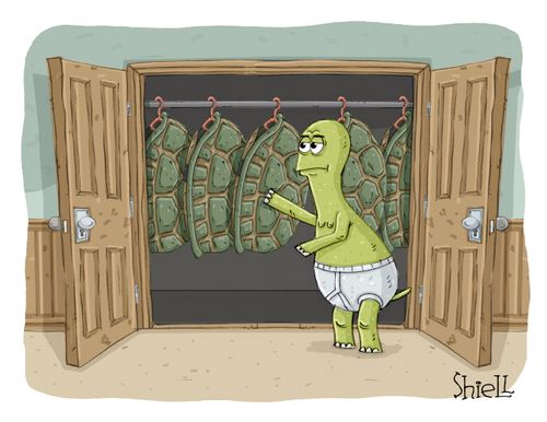 A turtle looks in his closet and tries to decide which shell he should wear that day.