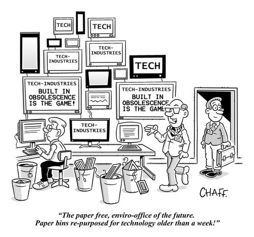 "The paper free, enviro-office of the future. Paper bins re-purposed for technology older than a week!"