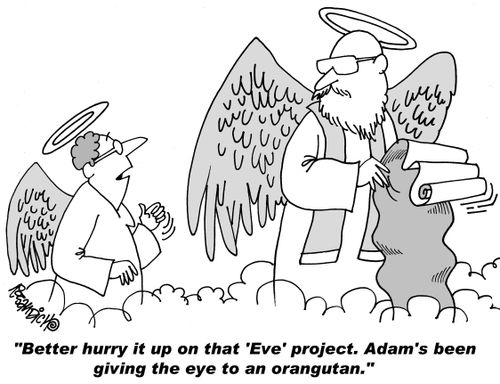 "Better hurry it up on that 'Eve' project. Adam's been giving the eye to an orangutan."