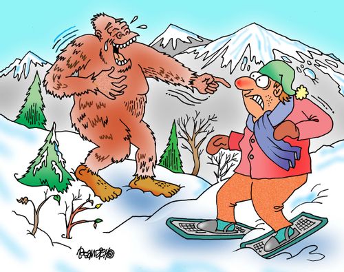 Bigfoot laughing at snowshoes
