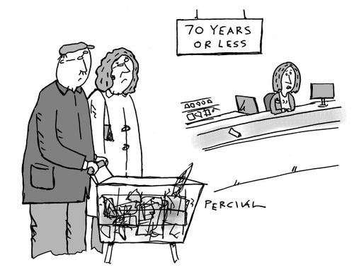 Unhappy elderly couple at 70 years or less checkout 