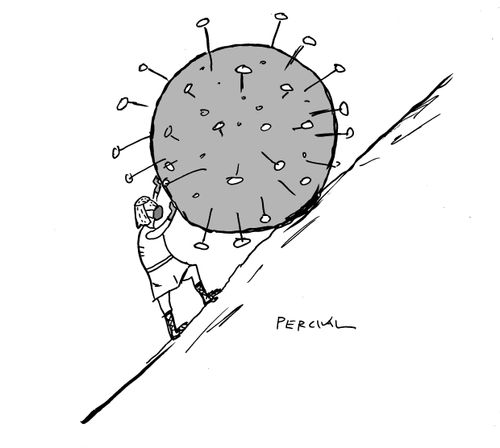 Sisyphus pushing a corona virus up a hill