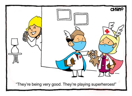 "They're being very good. They're playing superheroes!"