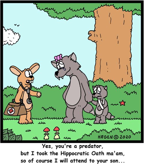 "Yes, you're a predator, but I took the Hippocratic Oath ma'am, so of course I will attend to your son..."