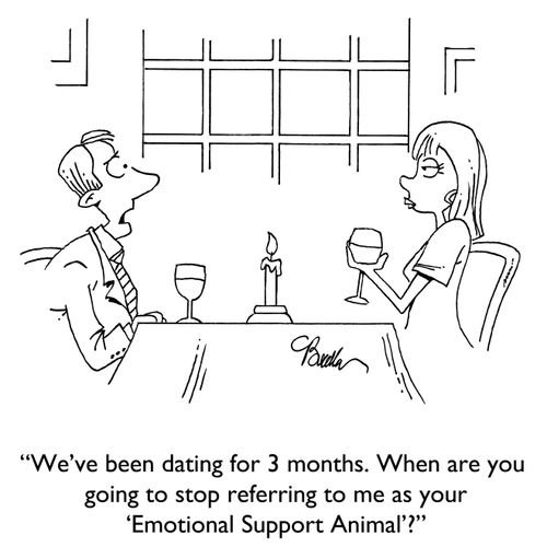 "We've been dating for 3 months. Whan are you going to stop referring to me as your 'Emotional Support Animal'?"