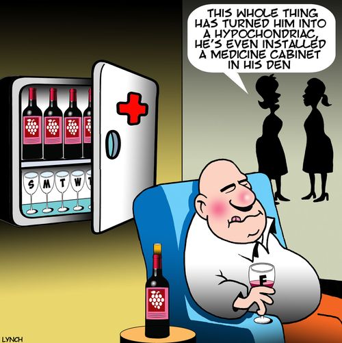 "This whole thing has turned him into a hypochondriac, he's even installed a medicine cabinet in his den."