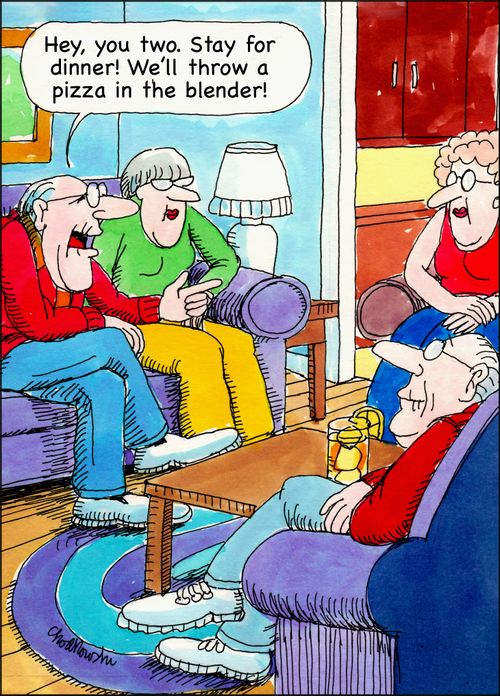 "Hey, you two. Stay for dinner! We'll throw a pizza in the blender!"