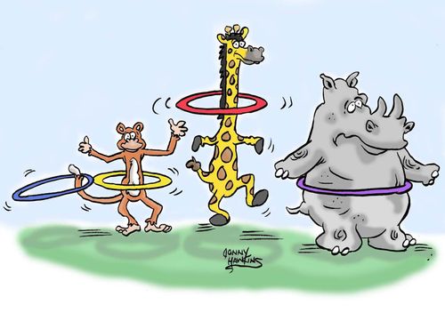Monkey and Giraffe using hoops ... rhino stuck in his