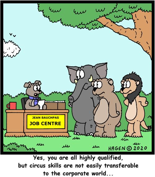 "Yes, you are all highly qualified, but circus skills are not easily transferable to the corporate world..."