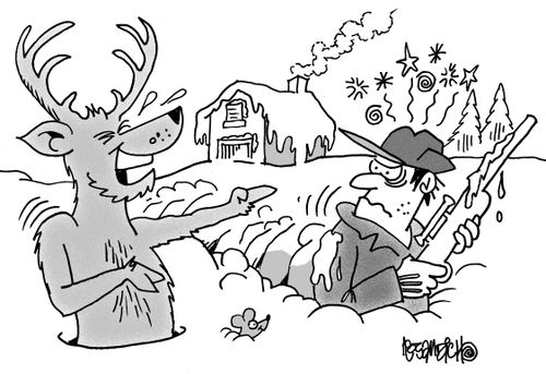 Deer laughing at hunter caught in a snow drift.