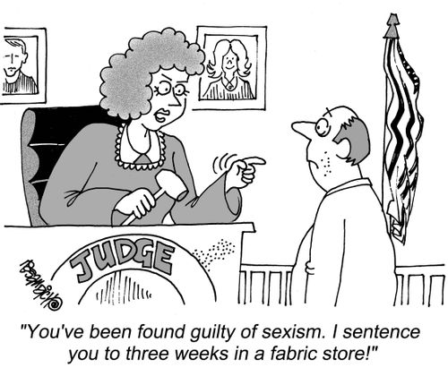"You've been found guilty of sexism. I sentence you to three weeks in a fabric store."